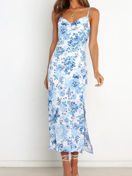 Petal & Pup Dresses & Skirts - Petal & Pup Yelena Blue and White Floral Slip Midi Dress